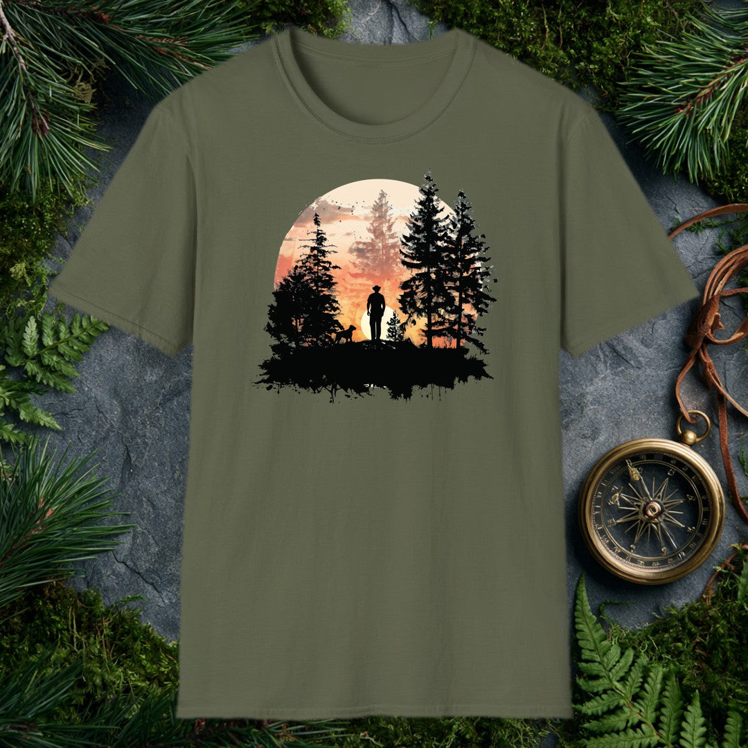 A lone figure in a wide-brim hat stands at the edge of a pine clearing, dog at his side, watching the sun burn low behind the mountains — this one's for anyone…