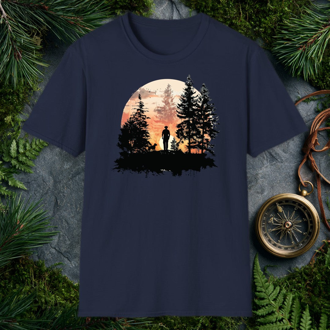 A lone figure in a wide-brim hat stands at the edge of a pine clearing, dog at his side, watching the sun burn low behind the mountains — this one's for anyone…