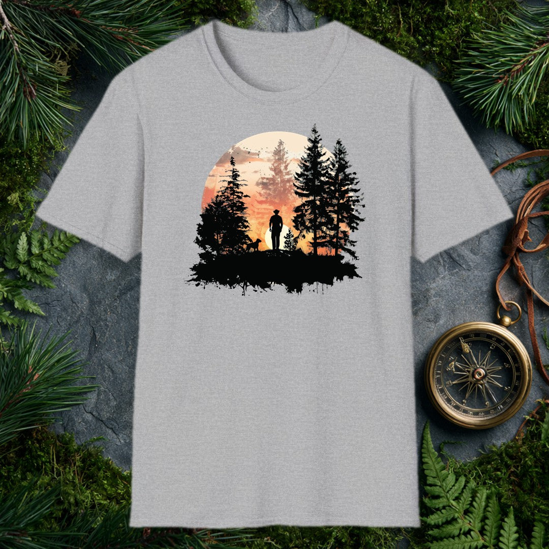 A lone figure in a wide-brim hat stands at the edge of a pine clearing, dog at his side, watching the sun burn low behind the mountains — this one's for anyone…