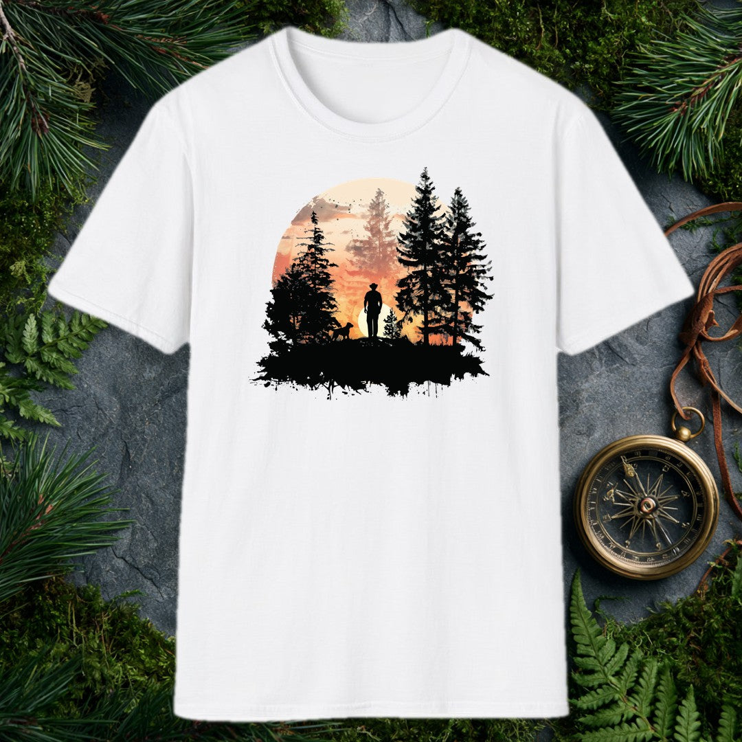 A lone figure in a wide-brim hat stands at the edge of a pine clearing, dog at his side, watching the sun burn low behind the mountains — this one's for anyone…