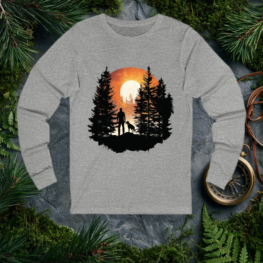 A silhouetted hiker and his dog stand together on a rocky ridge, framed by tall pines with a blazing sun rising full behind them — for anyone who starts their…