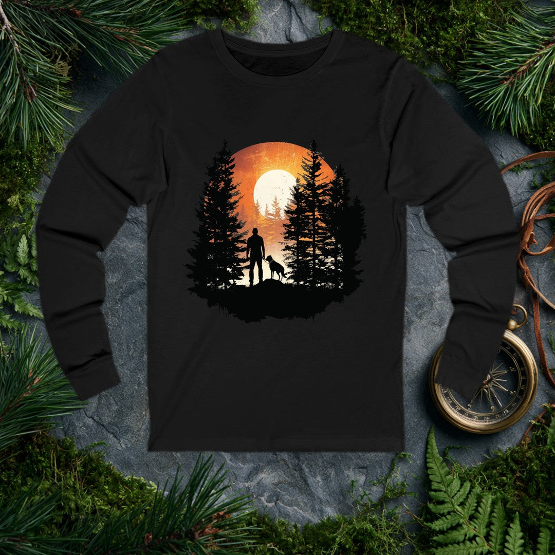 A silhouetted hiker and his dog stand together on a rocky ridge, framed by tall pines with a blazing sun rising full behind them — for anyone who starts their…