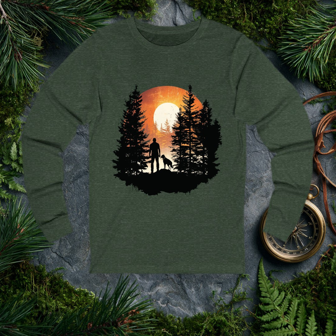 A silhouetted hiker and his dog stand together on a rocky ridge, framed by tall pines with a blazing sun rising full behind them — for anyone who starts their…