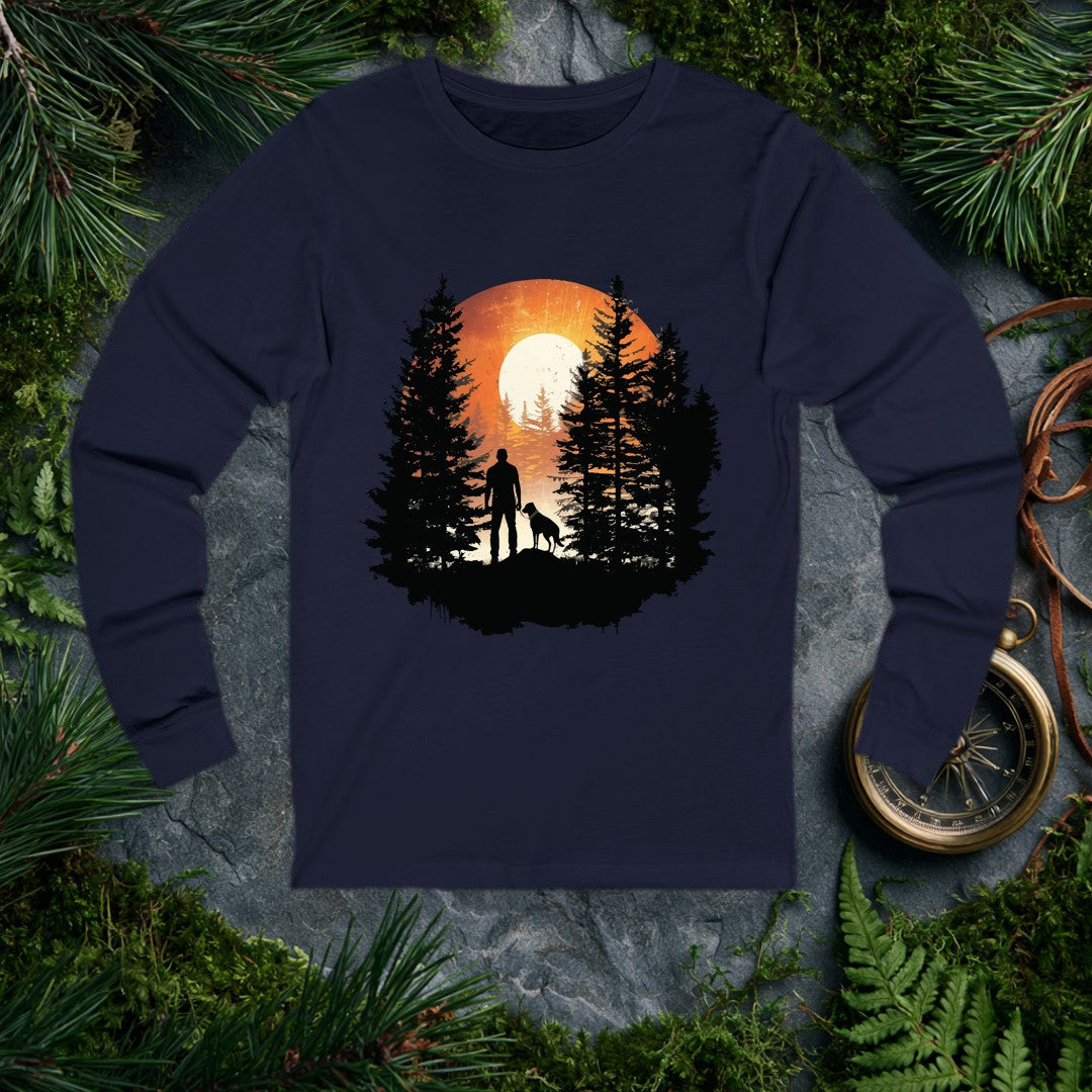 A silhouetted hiker and his dog stand together on a rocky ridge, framed by tall pines with a blazing sun rising full behind them — for anyone who starts their…