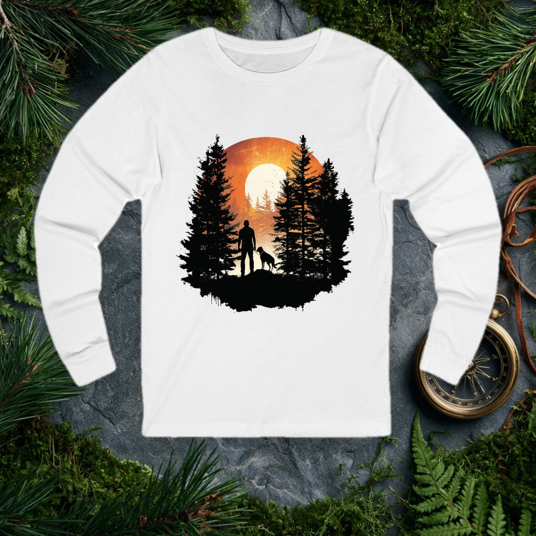 A silhouetted hiker and his dog stand together on a rocky ridge, framed by tall pines with a blazing sun rising full behind them — for anyone who starts their…