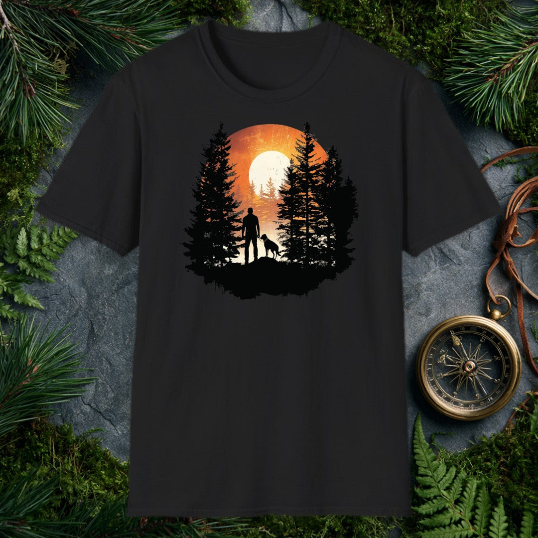A silhouetted hiker and his dog stand together on a rocky ridge, framed by tall pines with a blazing sun rising full behind them — for anyone who starts their…