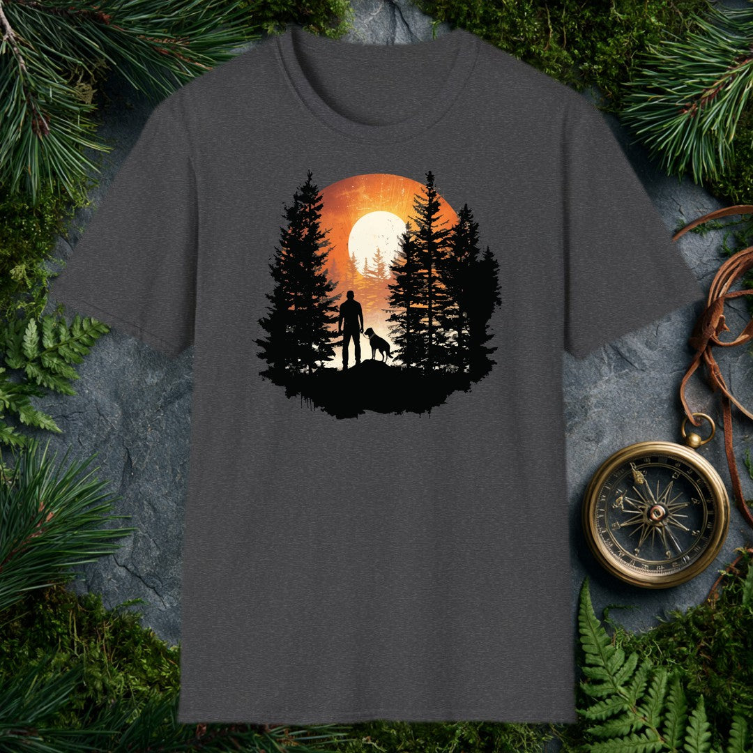 A silhouetted hiker and his dog stand together on a rocky ridge, framed by tall pines with a blazing sun rising full behind them — for anyone who starts their…