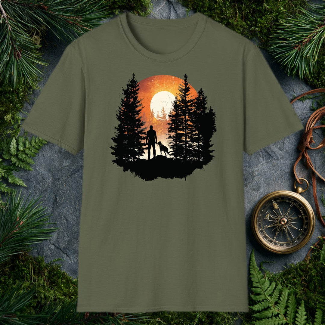 A silhouetted hiker and his dog stand together on a rocky ridge, framed by tall pines with a blazing sun rising full behind them — for anyone who starts their…