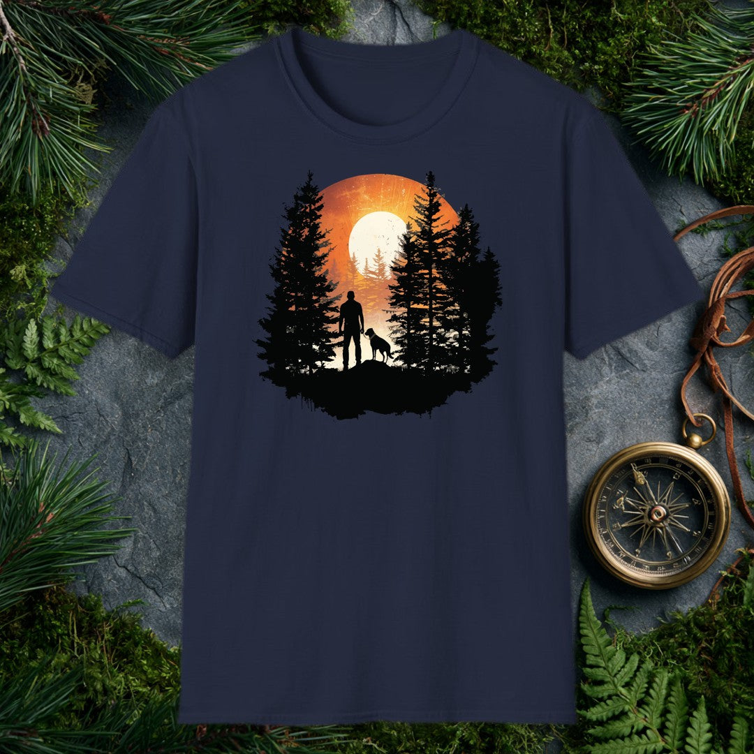A silhouetted hiker and his dog stand together on a rocky ridge, framed by tall pines with a blazing sun rising full behind them — for anyone who starts their…