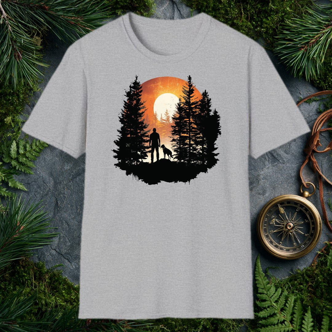 A silhouetted hiker and his dog stand together on a rocky ridge, framed by tall pines with a blazing sun rising full behind them — for anyone who starts their…