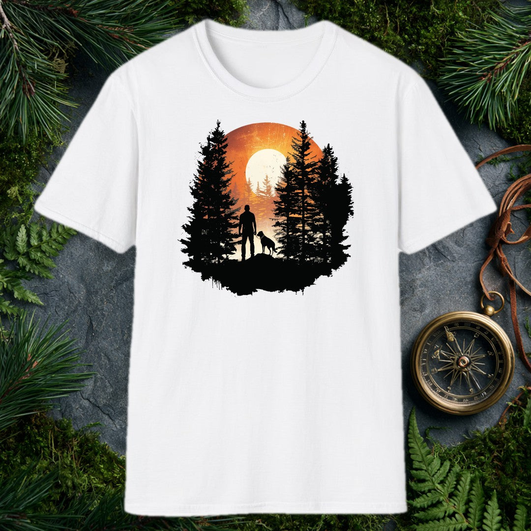 A silhouetted hiker and his dog stand together on a rocky ridge, framed by tall pines with a blazing sun rising full behind them — for anyone who starts their…