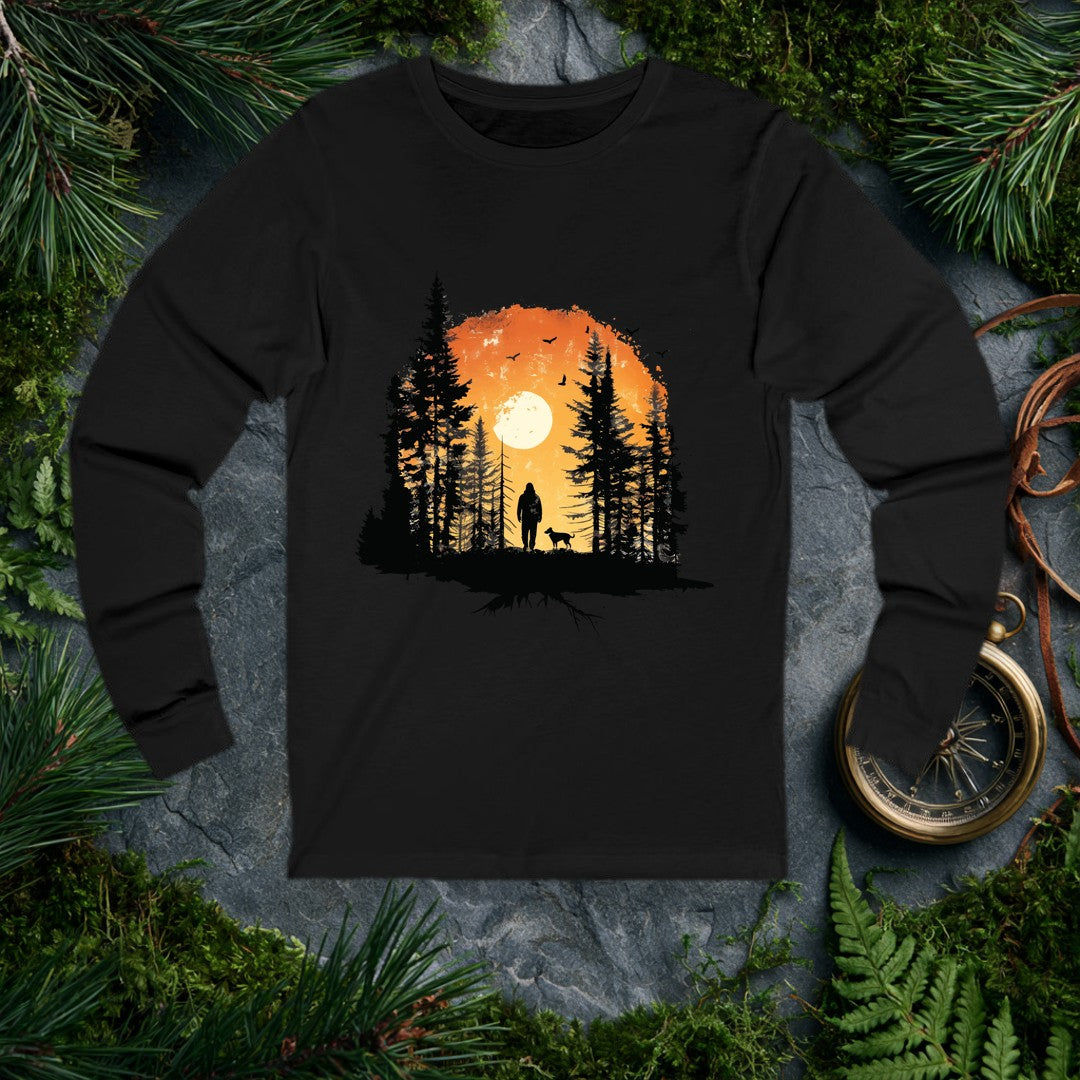 A lone hiker and his dog stand among tall pines as a full sun rises behind them, birds lifting into an amber sky — for the person whose best days start on a…