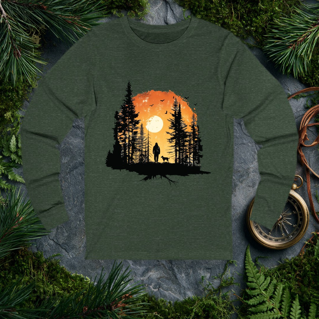 A lone hiker and his dog stand among tall pines as a full sun rises behind them, birds lifting into an amber sky — for the person whose best days start on a…