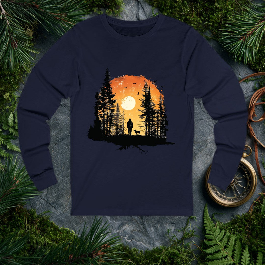 A lone hiker and his dog stand among tall pines as a full sun rises behind them, birds lifting into an amber sky — for the person whose best days start on a…