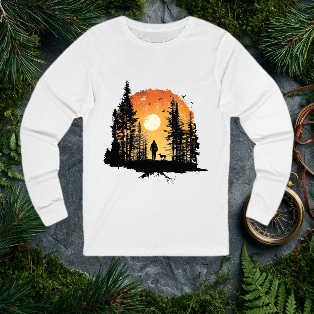 A lone hiker and his dog stand among tall pines as a full sun rises behind them, birds lifting into an amber sky — for the person whose best days start on a…