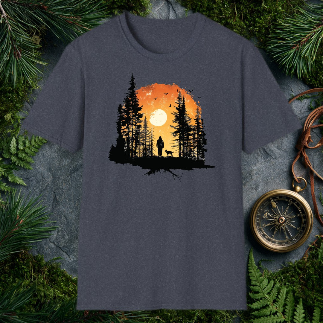 A lone hiker and his dog stand among tall pines as a full sun rises behind them, birds lifting into an amber sky — for the person whose best days start on a…