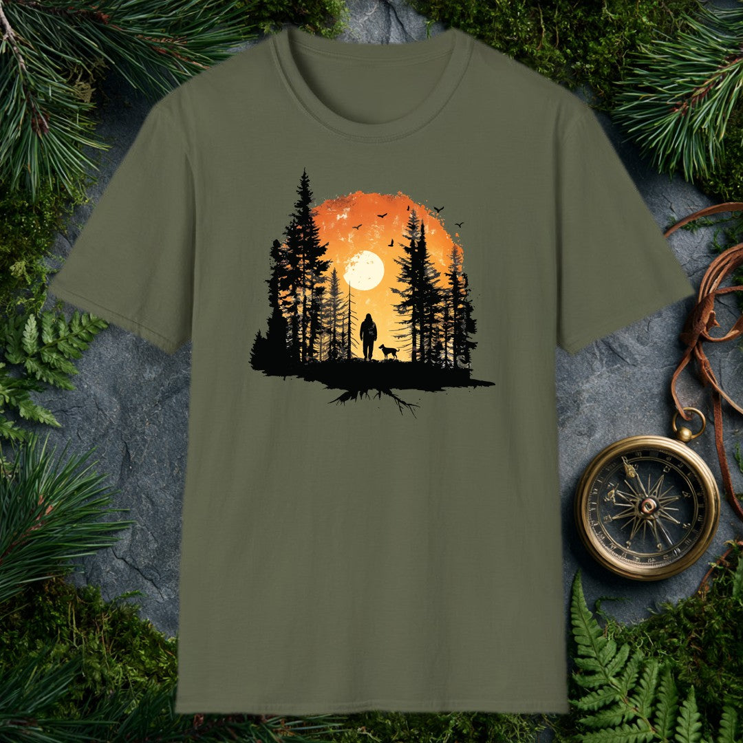 A lone hiker and his dog stand among tall pines as a full sun rises behind them, birds lifting into an amber sky — for the person whose best days start on a…
