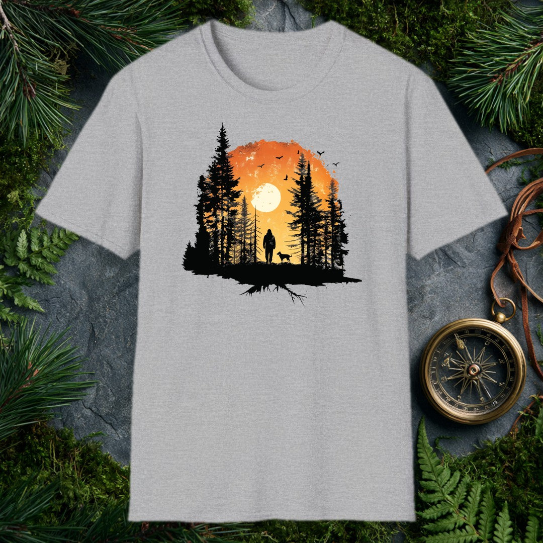 A lone hiker and his dog stand among tall pines as a full sun rises behind them, birds lifting into an amber sky — for the person whose best days start on a…