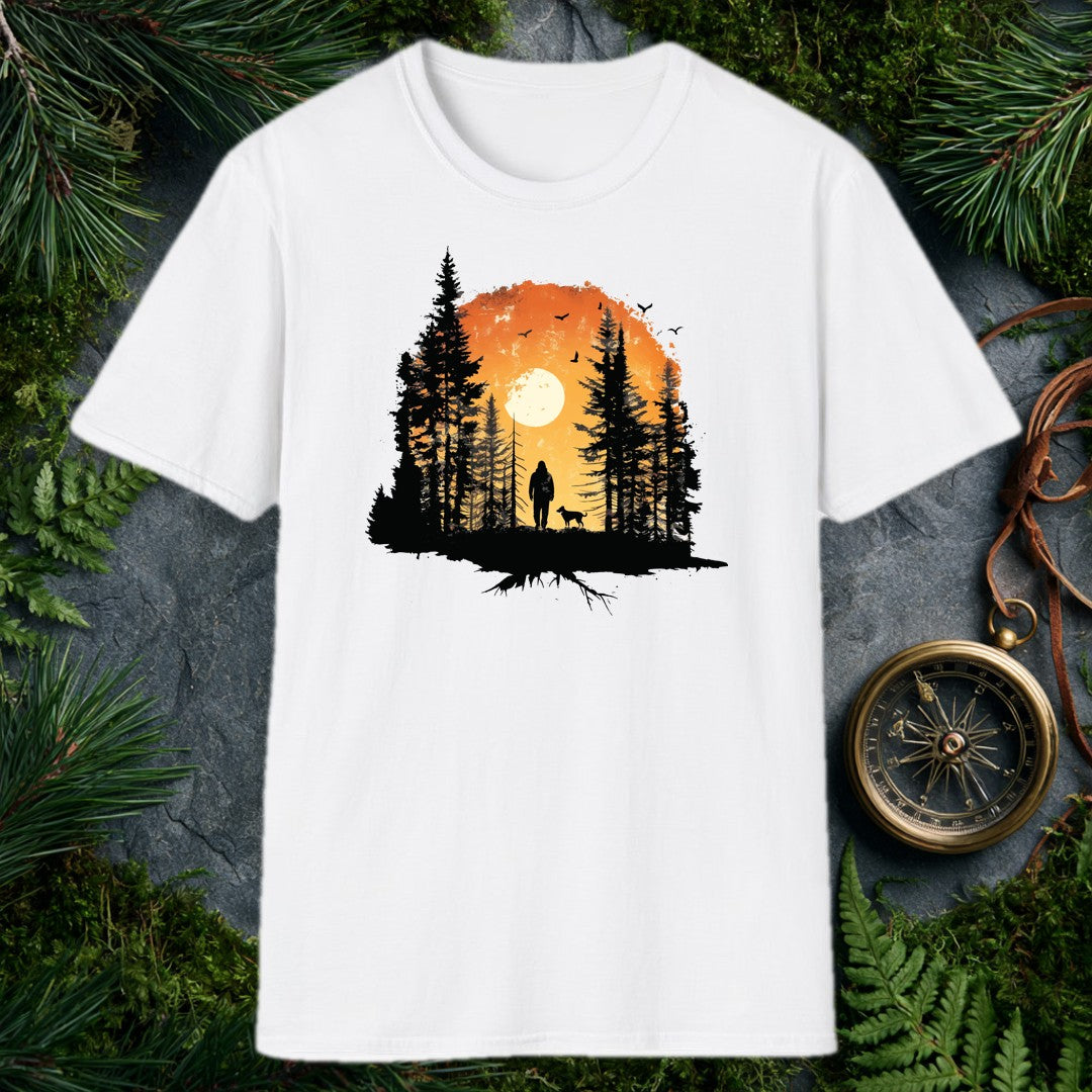 A lone hiker and his dog stand among tall pines as a full sun rises behind them, birds lifting into an amber sky — for the person whose best days start on a…
