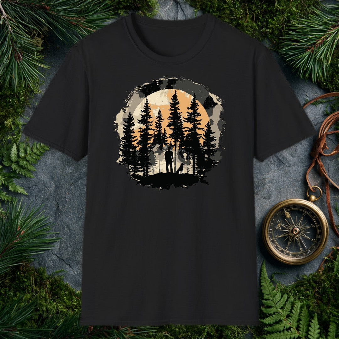 A lone figure stands in a clearing among tall pines, his dog at his side, a full amber moon rising behind the treeline — for the person who does their best…