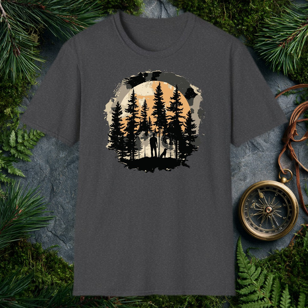 A lone figure stands in a clearing among tall pines, his dog at his side, a full amber moon rising behind the treeline — for the person who does their best…