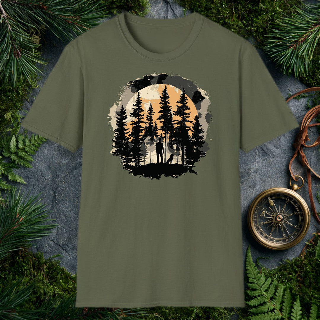 A lone figure stands in a clearing among tall pines, his dog at his side, a full amber moon rising behind the treeline — for the person who does their best…