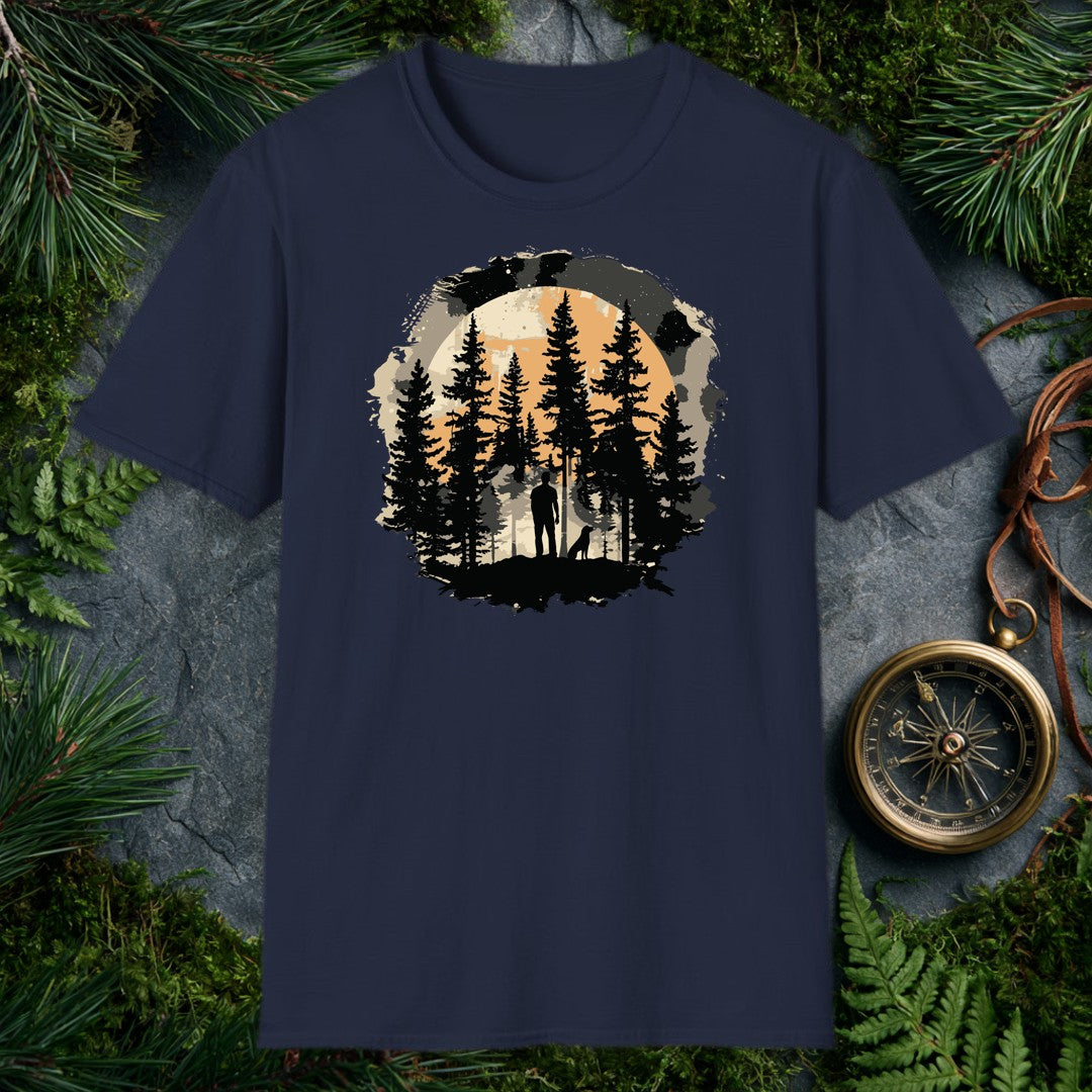A lone figure stands in a clearing among tall pines, his dog at his side, a full amber moon rising behind the treeline — for the person who does their best…