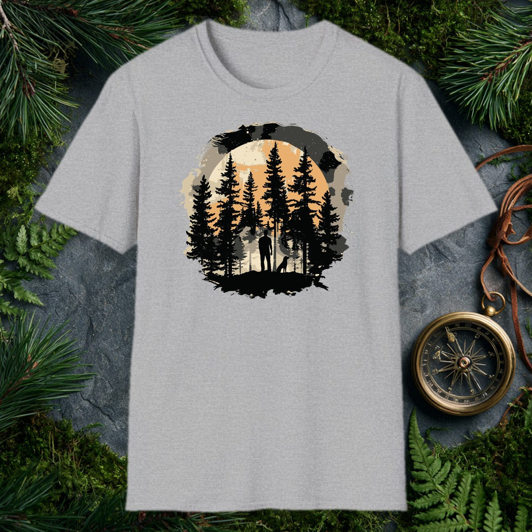 A lone figure stands in a clearing among tall pines, his dog at his side, a full amber moon rising behind the treeline — for the person who does their best…