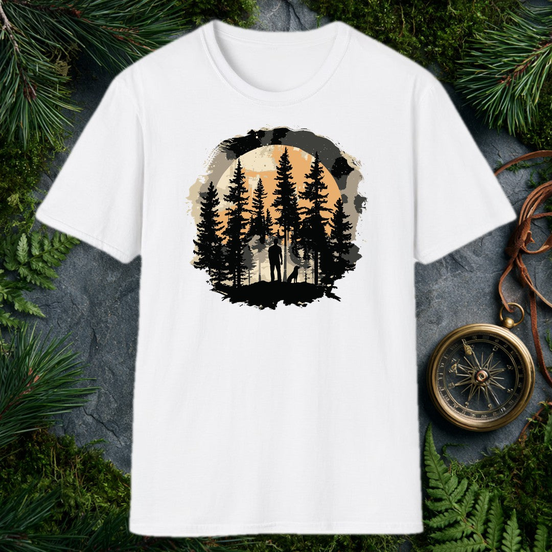 A lone figure stands in a clearing among tall pines, his dog at his side, a full amber moon rising behind the treeline — for the person who does their best…