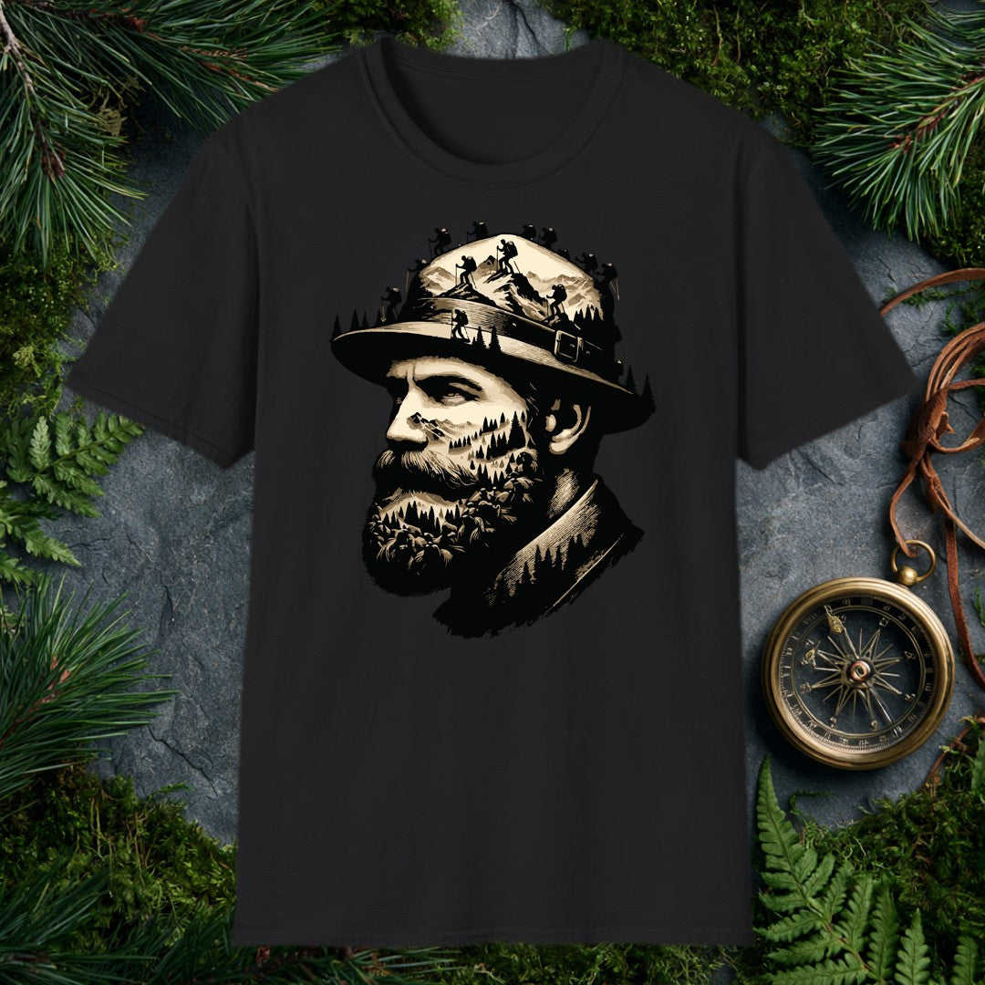 A bearded hiker's portrait dissolves into the wilderness he carries with him — pine forests layered across his face, summit ridgelines in his beard, a…