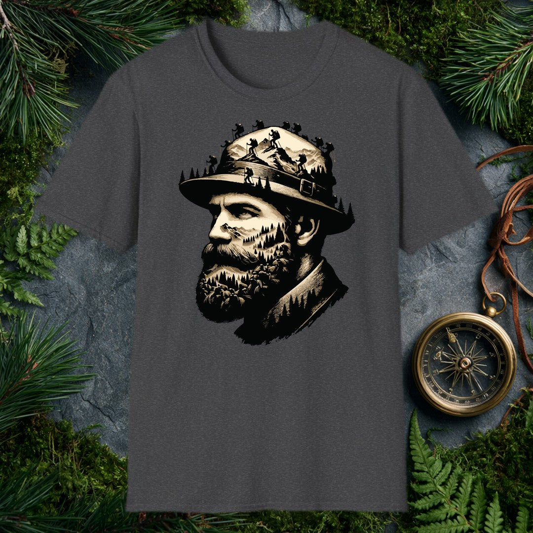 A bearded hiker's portrait dissolves into the wilderness he carries with him — pine forests layered across his face, summit ridgelines in his beard, a…