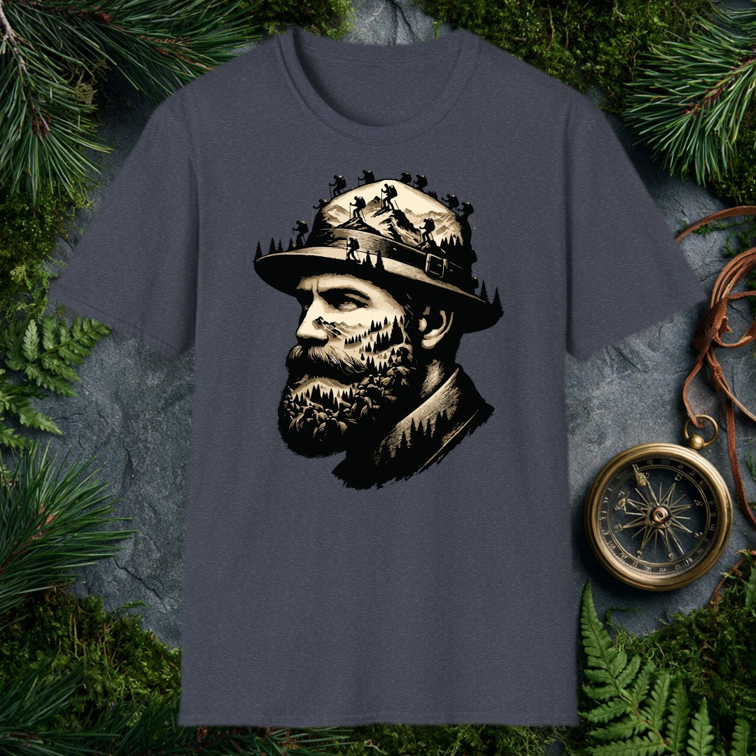 A bearded hiker's portrait dissolves into the wilderness he carries with him — pine forests layered across his face, summit ridgelines in his beard, a…