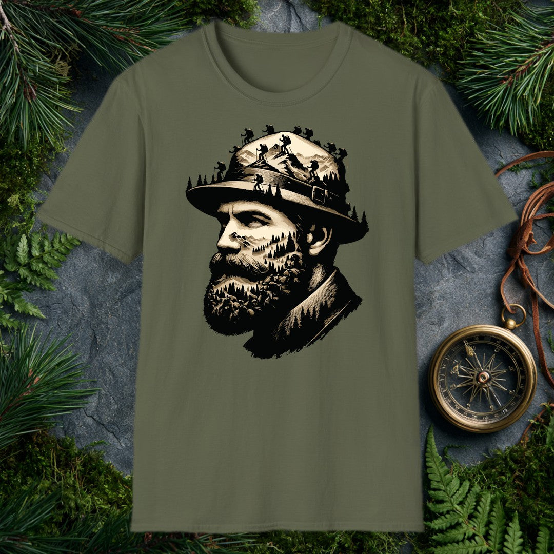 A bearded hiker's portrait dissolves into the wilderness he carries with him — pine forests layered across his face, summit ridgelines in his beard, a…