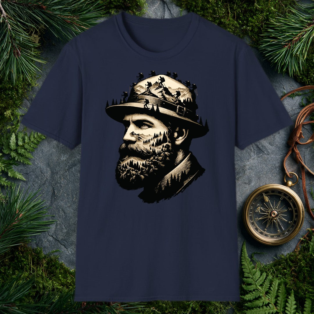 A bearded hiker's portrait dissolves into the wilderness he carries with him — pine forests layered across his face, summit ridgelines in his beard, a…