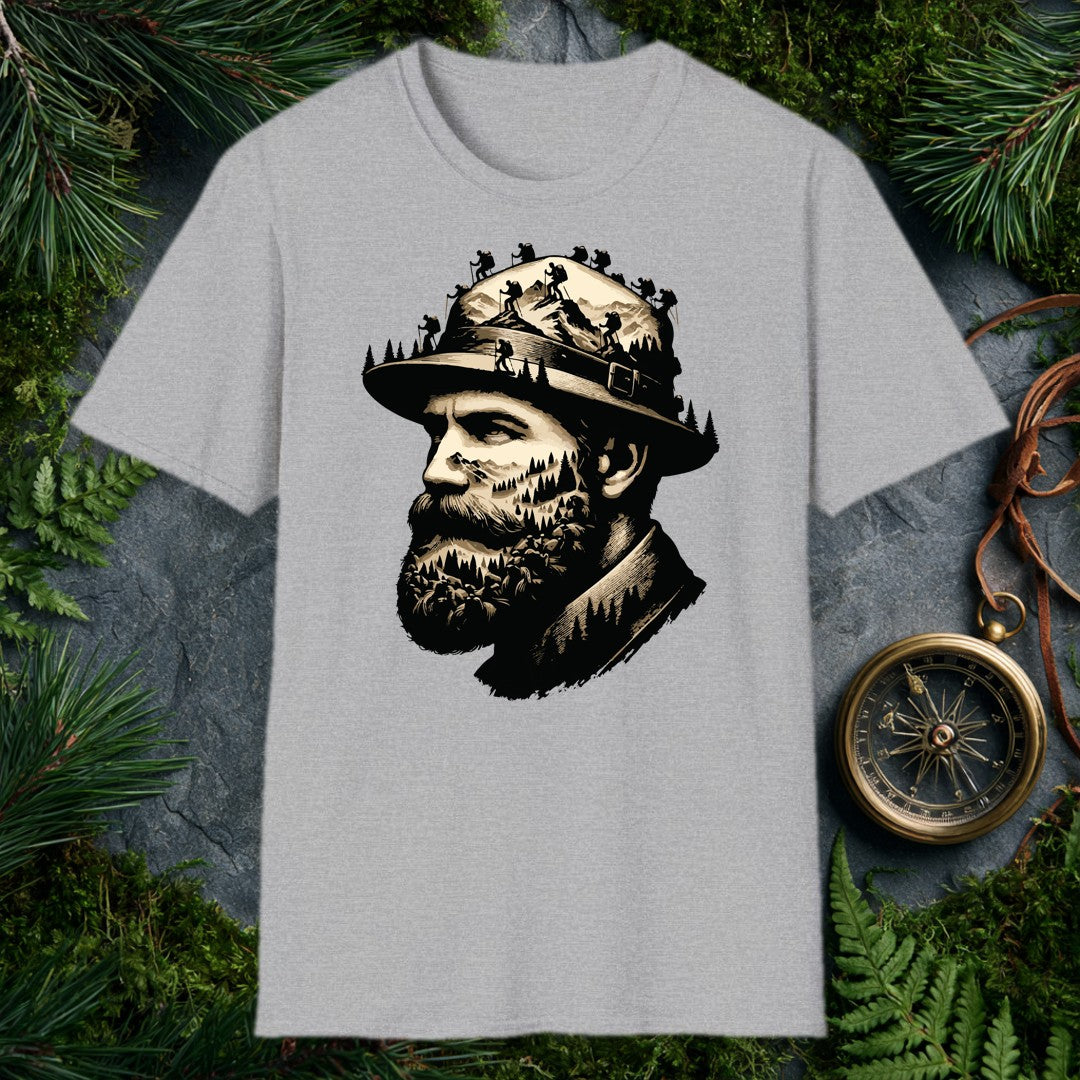 A bearded hiker's portrait dissolves into the wilderness he carries with him — pine forests layered across his face, summit ridgelines in his beard, a…