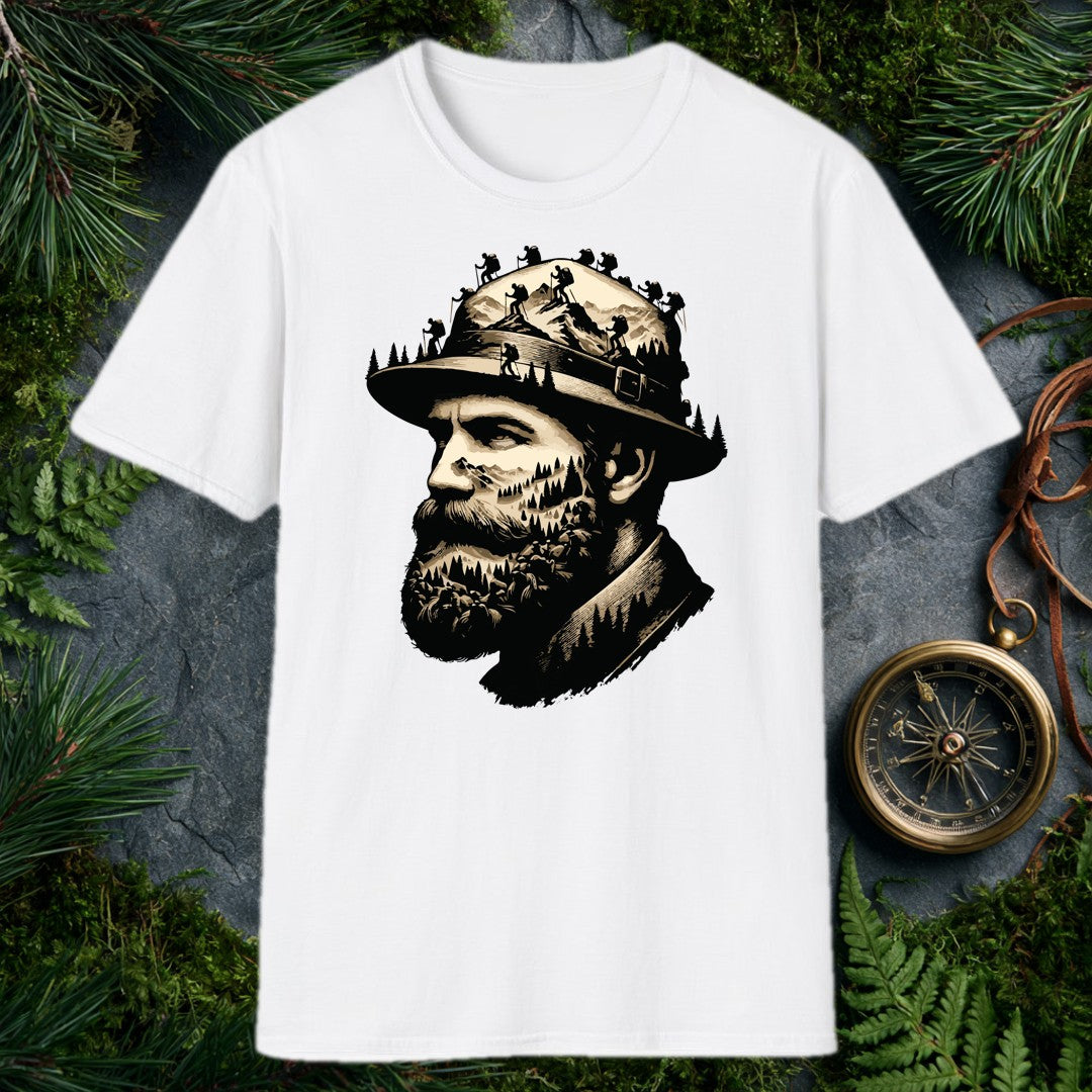 A bearded hiker's portrait dissolves into the wilderness he carries with him — pine forests layered across his face, summit ridgelines in his beard, a…
