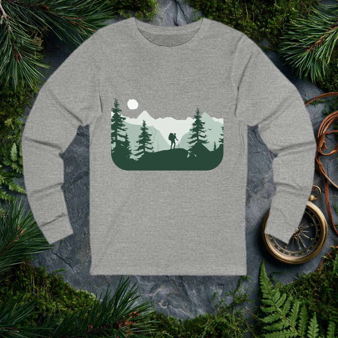 A lone hiker crests a rocky ridge at sunrise, trekking pole in hand and a full pack on their back, framed by dark pine silhouettes and misty layered peaks —…