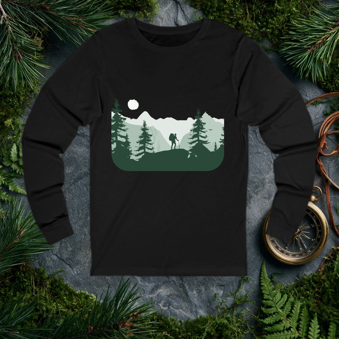 A lone hiker crests a rocky ridge at sunrise, trekking pole in hand and a full pack on their back, framed by dark pine silhouettes and misty layered peaks —…