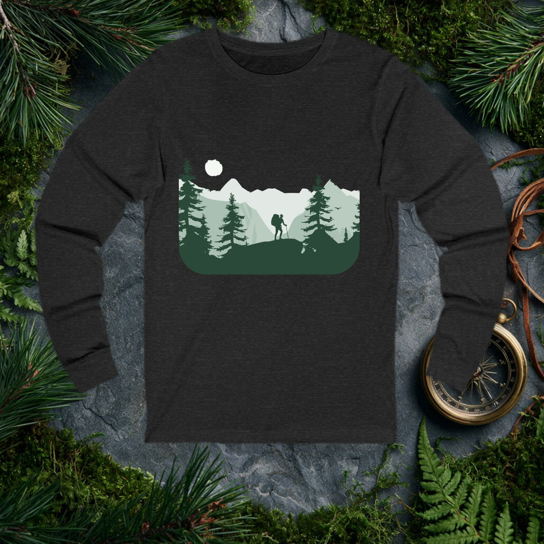 A lone hiker crests a rocky ridge at sunrise, trekking pole in hand and a full pack on their back, framed by dark pine silhouettes and misty layered peaks —…