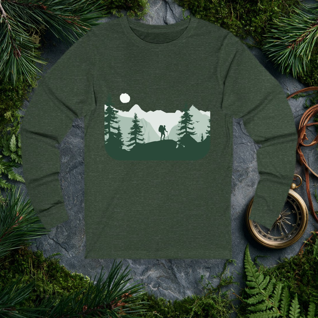 A lone hiker crests a rocky ridge at sunrise, trekking pole in hand and a full pack on their back, framed by dark pine silhouettes and misty layered peaks —…