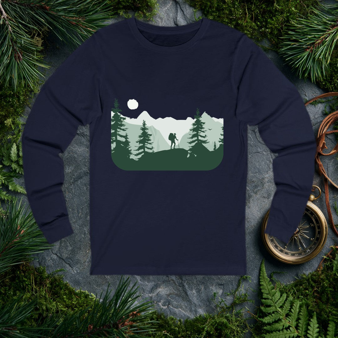 A lone hiker crests a rocky ridge at sunrise, trekking pole in hand and a full pack on their back, framed by dark pine silhouettes and misty layered peaks —…