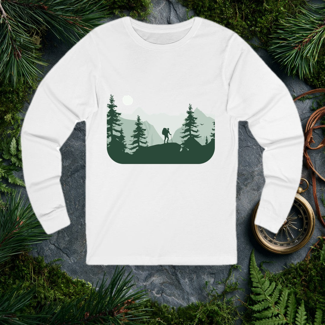A lone hiker crests a rocky ridge at sunrise, trekking pole in hand and a full pack on their back, framed by dark pine silhouettes and misty layered peaks —…