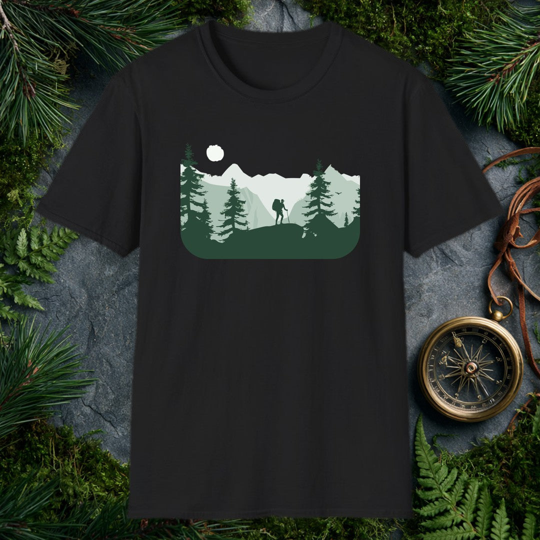 A lone hiker crests a rocky ridge at sunrise, trekking pole in hand and a full pack on their back, framed by dark pine silhouettes and misty layered peaks —…