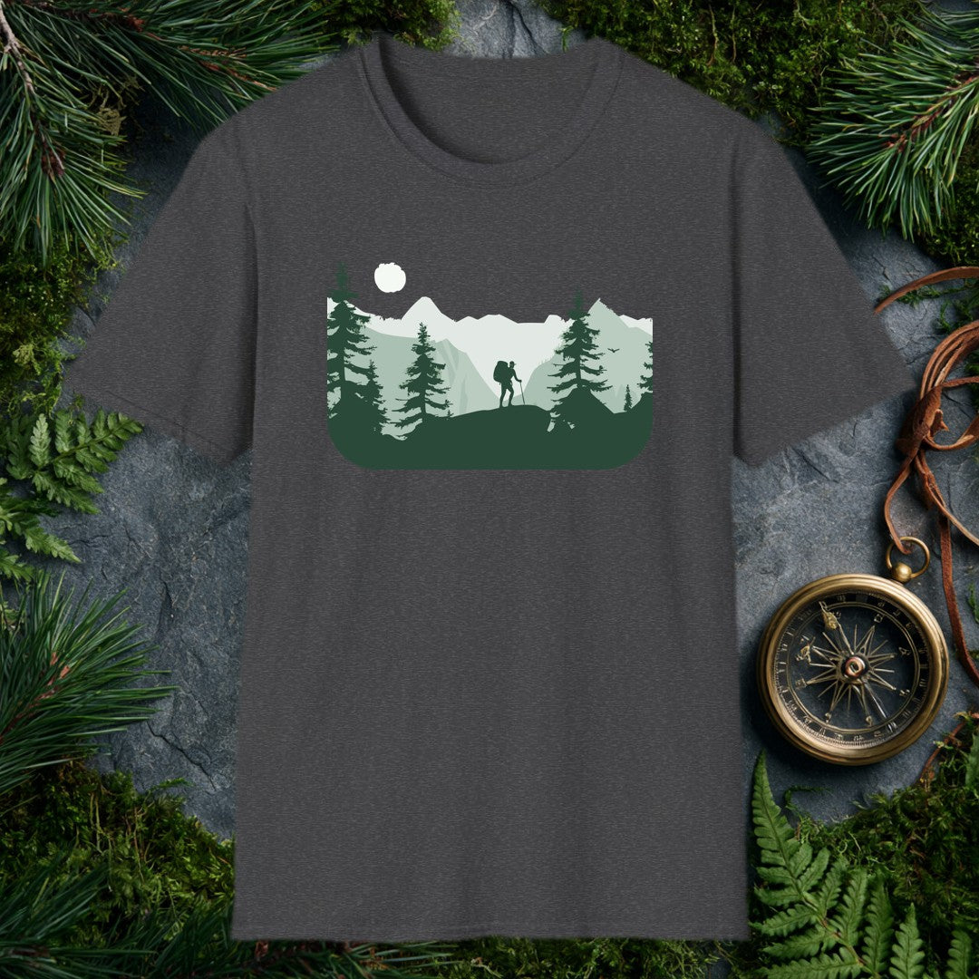 A lone hiker crests a rocky ridge at sunrise, trekking pole in hand and a full pack on their back, framed by dark pine silhouettes and misty layered peaks —…