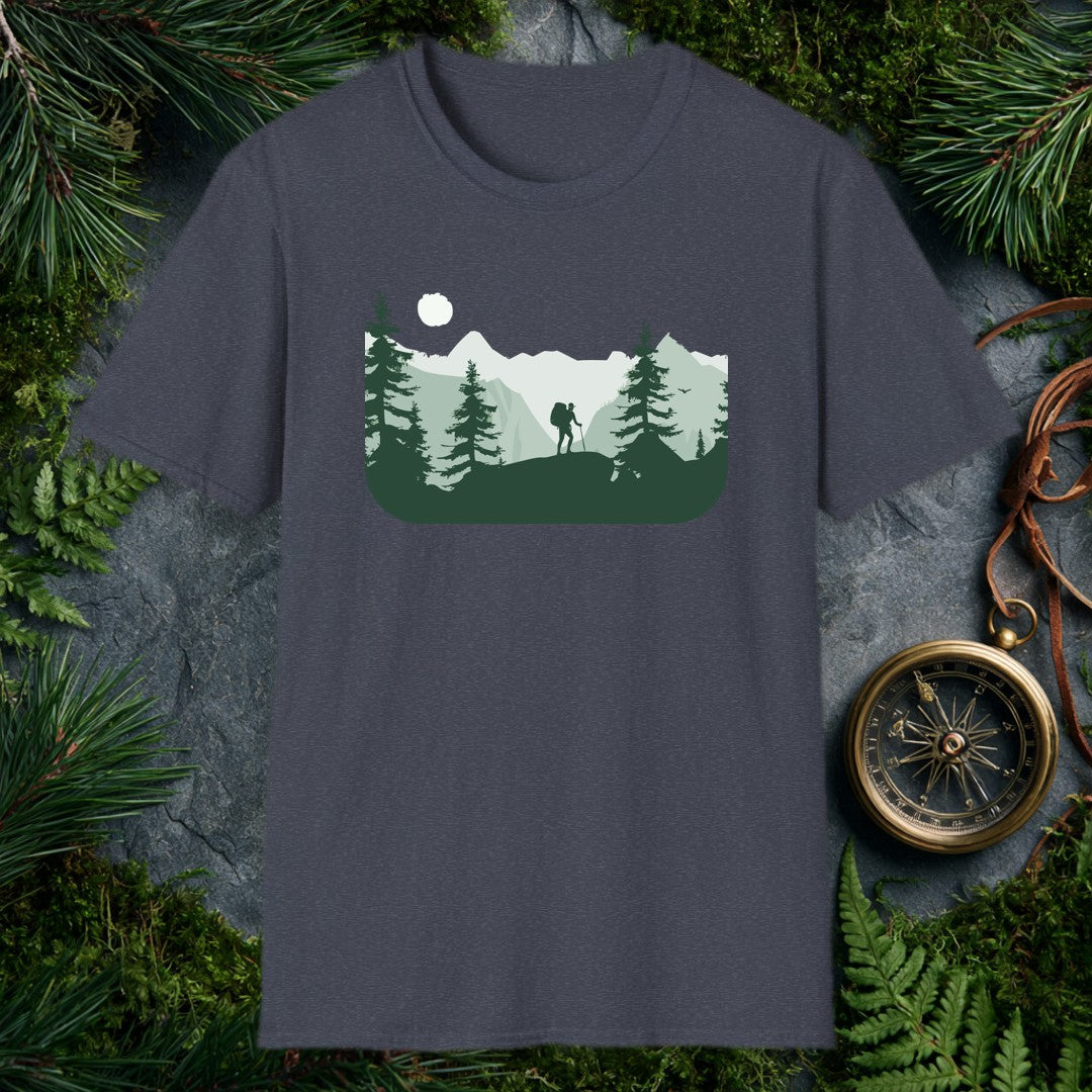 A lone hiker crests a rocky ridge at sunrise, trekking pole in hand and a full pack on their back, framed by dark pine silhouettes and misty layered peaks —…