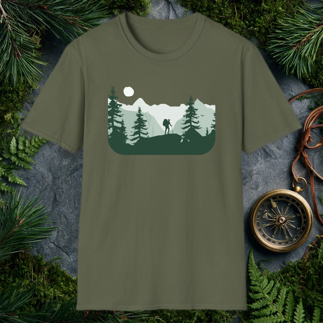 A lone hiker crests a rocky ridge at sunrise, trekking pole in hand and a full pack on their back, framed by dark pine silhouettes and misty layered peaks —…