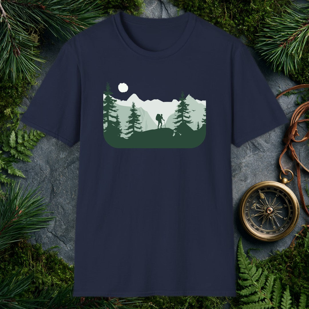 A lone hiker crests a rocky ridge at sunrise, trekking pole in hand and a full pack on their back, framed by dark pine silhouettes and misty layered peaks —…