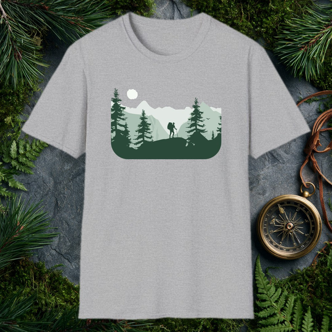 A lone hiker crests a rocky ridge at sunrise, trekking pole in hand and a full pack on their back, framed by dark pine silhouettes and misty layered peaks —…