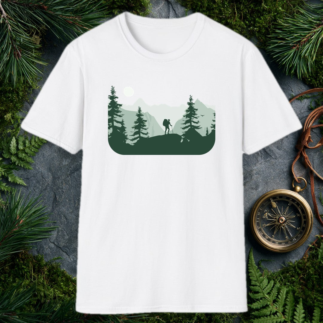 A lone hiker crests a rocky ridge at sunrise, trekking pole in hand and a full pack on their back, framed by dark pine silhouettes and misty layered peaks —…