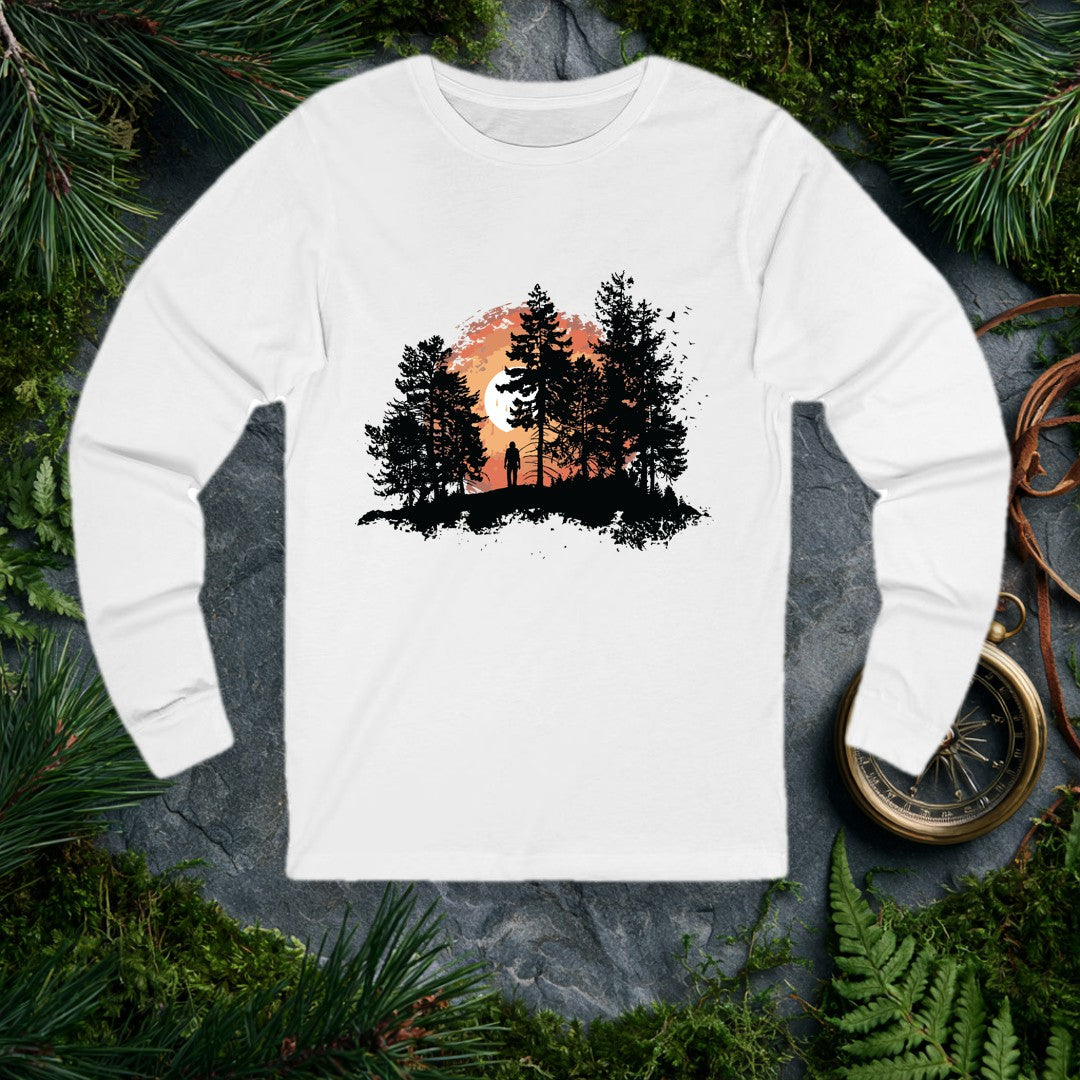 A solitary figure stands among tall pines as a wide sun sets behind them, birds lifting off to the right — for the one who crests a ridge and just stops to…